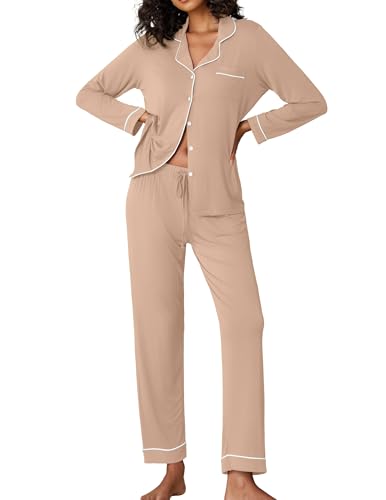 Image of Ekouaer Pajamas Women's Long Sleeve Sleepwear Soft Button Down Loungewear Pjs Lounge Set Nightwear XS-XXL