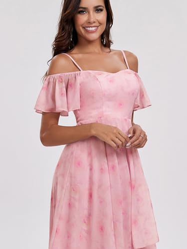 Image of Ever-Pretty Women's Summer Cold Shoulder Hi-Lo Asymmetrical Hem Flowy Chiffon Short Wedding Guest Dress 02103