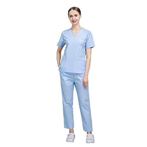 Pharmacist Uniforms Nursing Shirts Short-Sleeved Medical Uniforms Beauty Salon Workwear Dental Clinic Clothes Tops &Pants (Small,Sky Blue,Small)