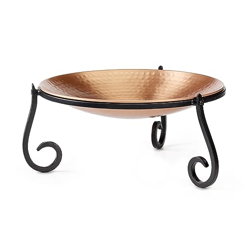 Good Directions BB-1 Heavy Gauge Pure Copper Birdbath, Bird Feeder, 13.5” Diameter, Hand-Forged Black Steel Stand