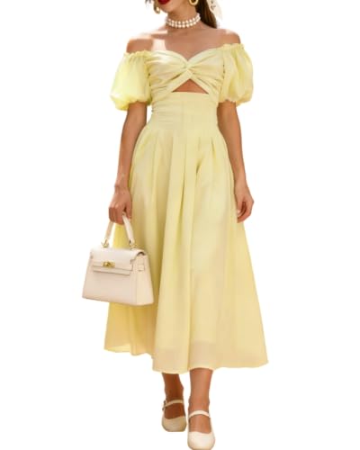 Image of Women's Summer Off The Shoulder Dresses Puff Sleeve Twist Front Cut Out A-Line Dress Casual Maxi Dress with Pockets