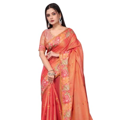 Image of SWORNOF Gold-Toned Woven Design Silk Zari Tissue Saree | Saree for Women | Soft and Skin Friendly