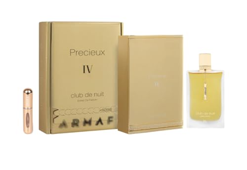 Club de Nuit Précieux IV Eau de Parfum 55 ml, Perfume Árabe Unisex de Larga Duración, Incluye Atomizador 5 ml, Fragancia con Notas de Sal de Mar, Bergamota, Jazmín y Vainilla (Precieux IV Gold)