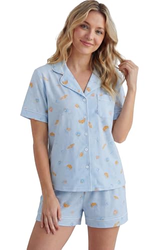 Image of LUBOT 100% Cotton Pajamas for Women 2 Piece PJ Set Button-Down Soft Knit Short Sleeve Summer Sleepwear Loungewear XS-XXL