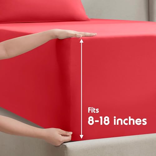 Image of Nestl Split King Bed Sheet Set - Red - 5-Piece Deep Pocket | Instantly Soft, Night-One Ready (No Wash Required). Fits 16-Inch Deep Pockets, 360-Degree Elastic Grip