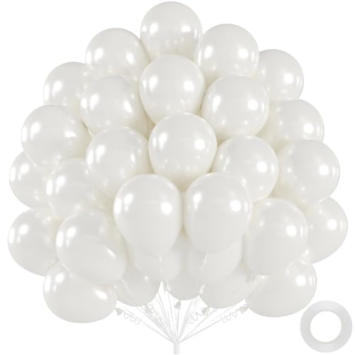 50pcs Pearl White Balloons 12inch Pearlescent White Ivory Latex Helium Balloons for Wedding Bridal Shower Engagement Party Decorations (with Ribbon & Adhesive Dots)