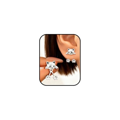 Cute Funny Kitten Cat Earrings for Women, Weird Silver Studs Earring Modern Dainty Compact Unique Design Animal Earrings Jewelry Gifts for Women (A:Cat)