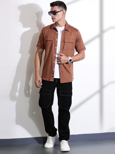 Image of Thomas Scott Men's | Solid | Half Sleeve | Slim Fit | Cotton Blend | Double Flap Pocket | Spread Collar | Casual Shirt