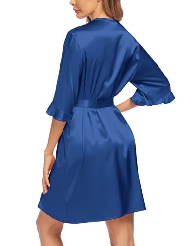Image of Ekouaer Women's Satin Robe Valentines Lingerie for Women Kimono Bathrobe Short Ruffle Belted Robes Bridesmaids Sleepwear