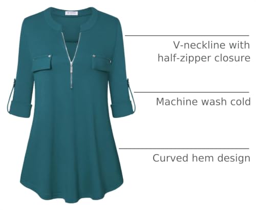 Image of Bulotus 3 /4 Length Sleeve Womens Striped Tops Zipper V Neck Collared Blouses Business Casual Tunics 2026 Spring Trendy