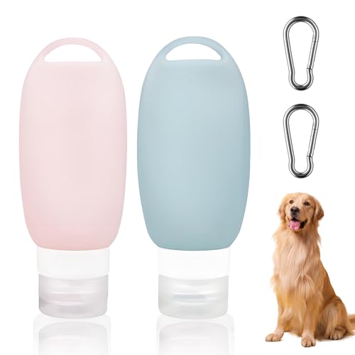 HAOQIAGA Futtertube zum Befüllen Hund, 90ml Befüllbare Tuben für Hunde Tube, 2 Stück Wiederverwendbar Silikon Reiseflaschen mit Karabine für Outdoor Haustier Draussen (Grün, Rosa)