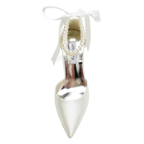 Image of Satin Wedding Shoes for Bride Block Heel Bridal Shoes Pointed Toe Pearl Wedding Heels
