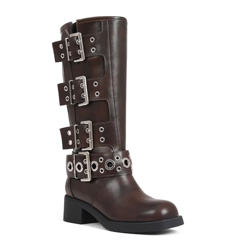 Image of AMINUGAL Knee High Boots Women Square Toe Pull On Wide Calf Riding Fashion Buckles Chunky Metallic Casual Vintage Buckle Rivet