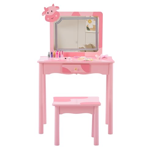 Image of Vanity Set,ShyneeMakeup Dressing Vanity Set Wooden Princess Makeup Table with Cushioned Stool,Drawer,Wooden Legs and Mirror, Make Up Dressing Play Set for Girls (Pink Cow)
