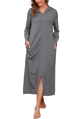 HALCYEEN Damen-Bademantel mit Kapuze, Reißverschluss, lange Ärmel, Hausmantel, volle Länge, Nachthemd mit Taschen, S-XXL, grau dunkel, X-Large