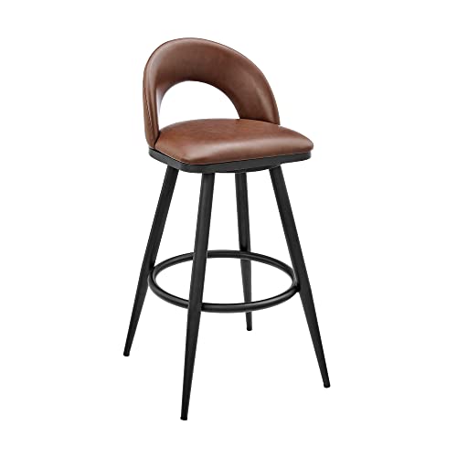 Armen Living Charlotte Swivel Bar Stool in Black Metal with Brown Faux Leather