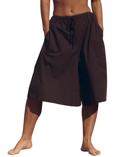 Women's Culottes Cropped Wide Leg Pants Summer Elastic Waist Drawstring Beach Palazzo Trousers with Pockets