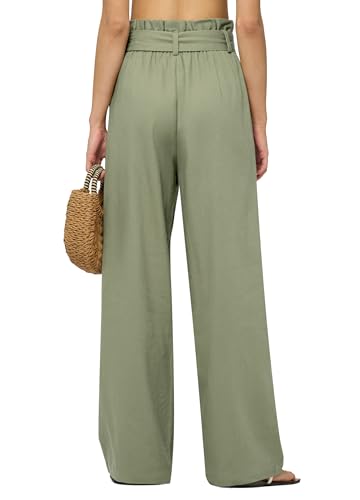 Women Linen Pants 2025 Paperbag Wide Leg Dress Pants High Waisted Work Slacks Tie Knot with Pockets 28"/30"/ 32"3