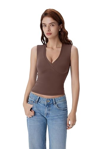 Image of SUUKSESS Women Built in Bra V Neck Tank Tops Double Lined Summer Going Out Camisole Tops