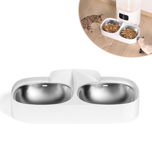 PAWGETHER® Pet Feeder Dual Bowl Accessory Food Splitter with Stainless Steel Bowls, Automatic Cat Feeder Bowls for 2 Cats or Dogs, Suitable for PAWGETHER Automatic Cat Feeder F2 F2S, White