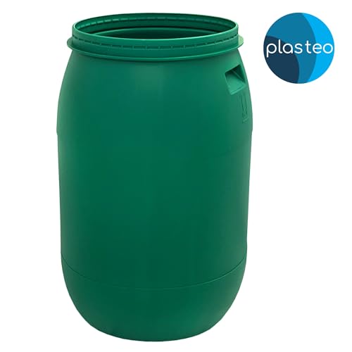 Das Plasteo® 220 Liter Weithalsfass mit Deckel und Spannring, HDPE, BPA-Frei, lebensmittelecht, vielseitig verwendbar als Lebensmittelfass, Futtertonne, Regentonne (Grün mit Spannring)