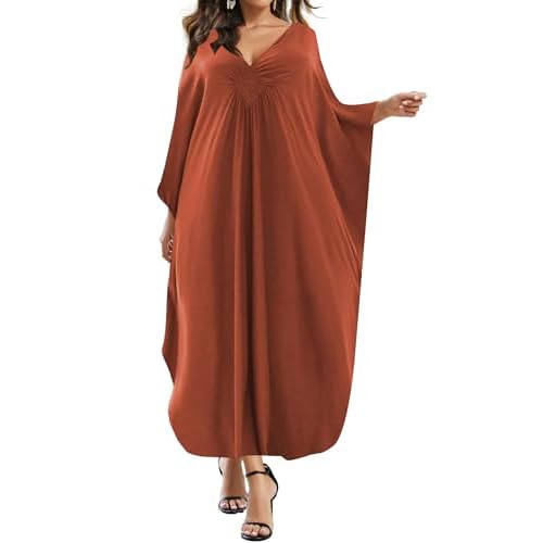 Eddoyee Women Animal Print Kaftan Dress Long Sleeve Beach Bathing Suit Cover Ups V-neck Plus Size Caftan Rust Red