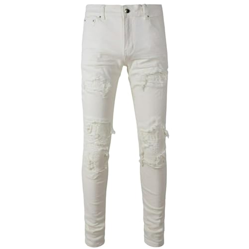 Jeans Pants Trouser Denim White Punch Patch Trendy Street Worn Hole Wrinkle Tassel Fur Retro Elastic Stretch Slim Fit Casual Straight Leg for Men(White,29)