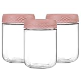 NETANY 3-pack 16oz Glass jars with Airtight Lids, Overnight Oats Containers with Lids, Wide mouth Mason Salad jars, Glass Food Storage Containers for Snacks Yogurt Spice Sugar-Pink