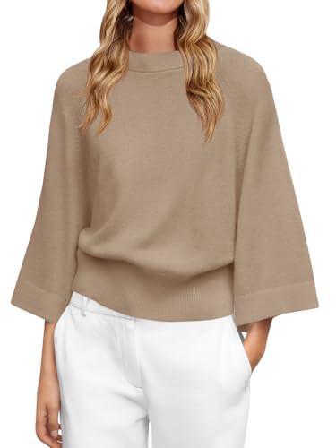 Saodimallsu Womens Crew Neck Batwing Sweaters 3/4 Sleeve Soft Knit