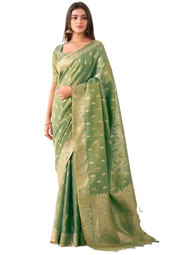Image of SWORNOF Gold-Toned Woven Design Silk Zari Tissue Saree | Saree for Women | Soft and Skin Friendly
