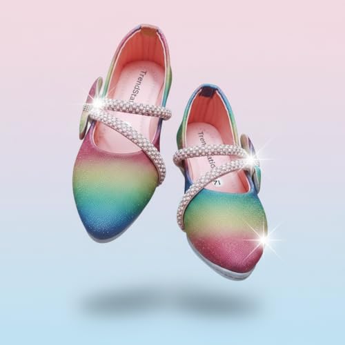 Image of Girls' Patent Mary Jane Shoes with Floral Embellishment, Attractive Colour's, Pearl Flower Welcro Glittery Bellies