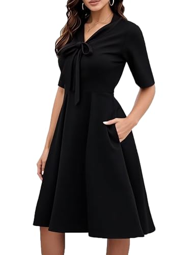 oxiuly Women's Vintage Bow Tie V-Neck Pockets Casual Work Party Cocktail Swing A-line Dresses OX278