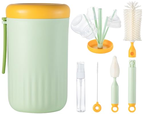 Image of Ariseno Travel Bottle Cleaner Kit, 6-in-1 Baby Bottle Brush with Silicone Bottle Brush, Nipple Brush, Straw Brush, Drying Rack, Dispenser, Organizer, Baby Travel Essential, Gifts for New Mom - Green