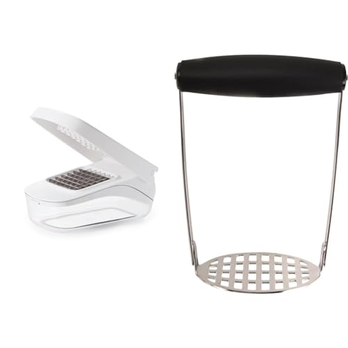 OXO Good Grips Vegetable Chopper with Easy-Pour Opening, White, 10.7 x 26.2 x 16.5 cm & Good Grips Smooth Potato Masher, Transparent/Black, L