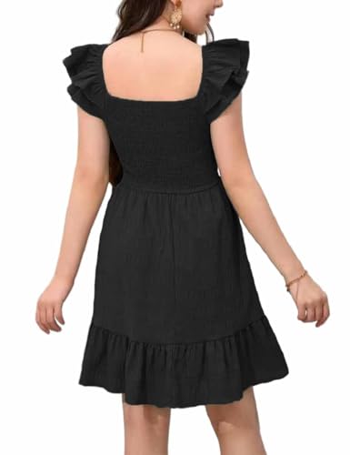 Girls Party Casual Dresses Woven Cap Sleeve Square Neck Elastic Waist Holiday Outfits with Pockets,8-14 Years2