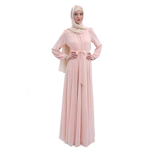 BooW Women's Chiffon Kaftan Abaya Dress Muslim Long Sleeve Self Tie Flowy Maxi Dress Islamic Evening Gown (20243-Pink, M)