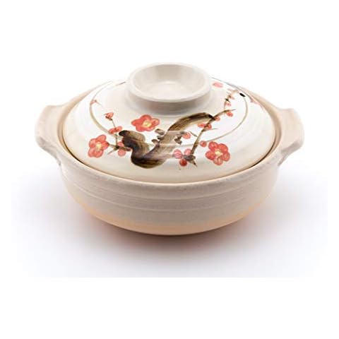 Japanese Sakura Donabe Ceramic Hot Pot Casserole 72 oz Earthenware Clay Pot Serves 3-4 People Made In Japan Cover