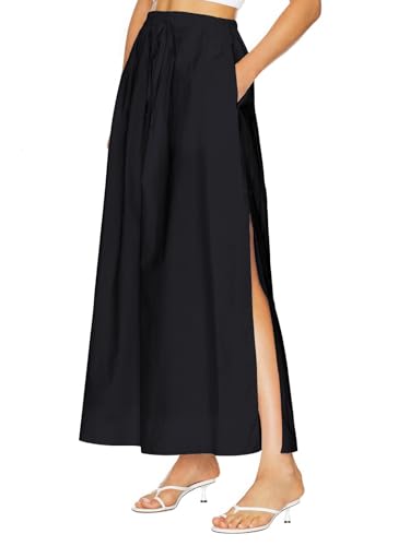 ebossy Women's Casual Long Cotton Skirt High Elastic Waist Side Slit A-line Maxi Skirts with Pockets