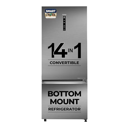 Haier SmartChoice 445 L 2 Star Frost Free Bottom Mount Double Door Refrigerator | Convertible 14-in-1 | Jhukna Mat-Bottom Freezer | Digital Display Panel | Triple Inverter (HEB-452TS-P, Inox Steel)