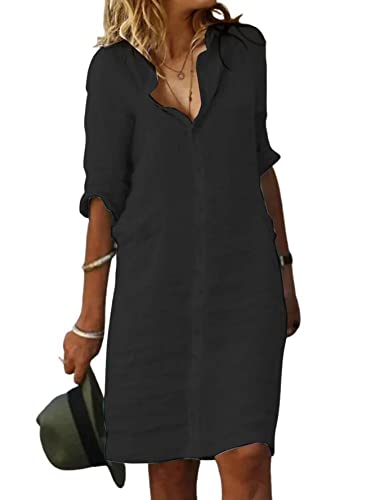 Fronage Women's Casual Cotton Linen Shirt Dress Button Down 1/2 Long Sleeve  Lapel V Neck Summer Beach Midi Dresses with Pockets Black, S at Amazon  Women's Clothing store