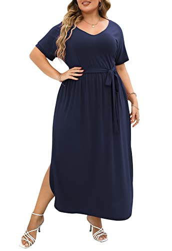 Image of Nemidor Womens Casual Plus Size Tie Waist Slit Long Maxi Dress with Pockets NEM313
