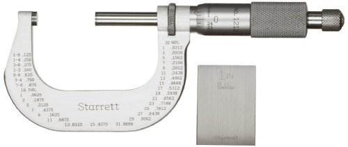 Starrett 1230XRL Stainless Steel Micrometer, Ratchet Stop, Lock Nut, Carbide Faces, 0-1" Range, 0.001" Graduation, +/-0.0001" Accuracy