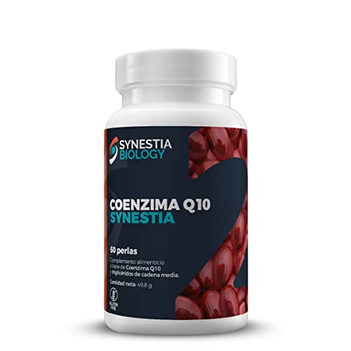 Coenzima Q10 Synestia sin gluten, 60 perlas de 830 mg, suministro 2 meses, triglicéridos de cadena media, antioxidantes, ayuda al sistema cardiovascular, deportes, rendimiento físico