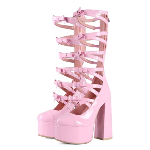 Kawaii Sweet Lolita Chunky Platform Knee High Heeled Boots, Cosplay Anime Patent Bow Ribbon, Y2K Gothic Hot Cute Lovely Girl Big Large Size Shoes For Women Men4