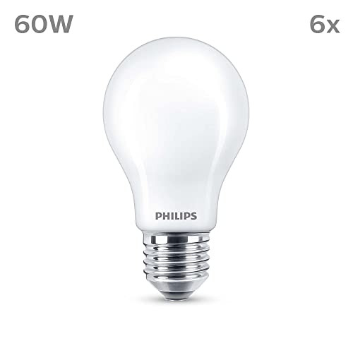 Philips LED Frosted A60 Light Bulb 6 Pack [Warm White 2700K - E27 Edison Screw] 60W, Non Dimmable. for Home Indoor Lighting