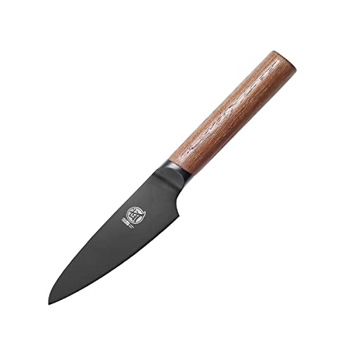 MITSUMOTO SAKARI 4.5 inch Japanese Paring Knife, Professional Black Titanium Coated Small Fruit Knife, Super-Sharp German Premium Alloy Steel Petty Chef Knife (Walnut Handle)