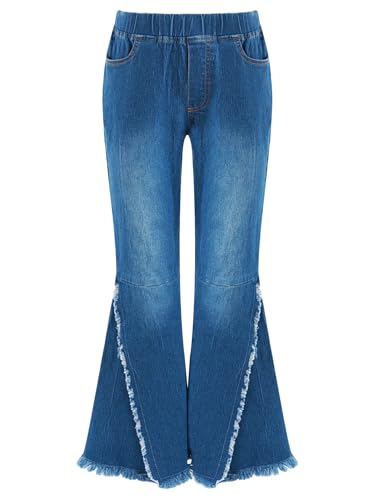 Hularka Kids Girls Distressed Retro Flared Jeans Raw Edge Washed Bell-Bottoms Trousers Casual Denim Jeggings Pants