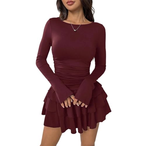 Women Elegant Long Sleeve Ruffle Tiered Layered Bodycon Mini Dress Crew Neck Ruched Fitted Flowy Hem Party Dress