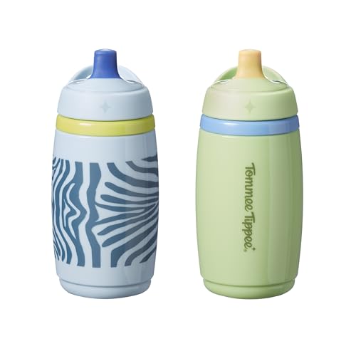 Tommee Tippee Insulated Active Spout Toddler Sippy Cup, 266ml, 12m+, Pack of 2, Leak-Proof Children's Water Bottle with Handle in Fun Colours and Animal Print, Green & Blue