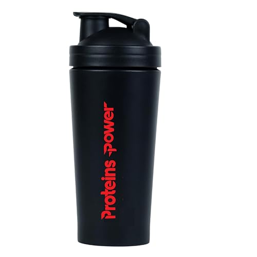 Image of Proteins Power Stainless Steel Protein Shaker, 790 ml, Black, BPA Free, with Measurement Markings and Mixing Spring